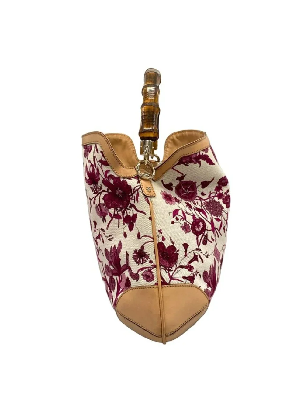 Gucci Handbag Flora Bamboo Bordeaux Ivory Beige Leather - Picture 2 of 15
